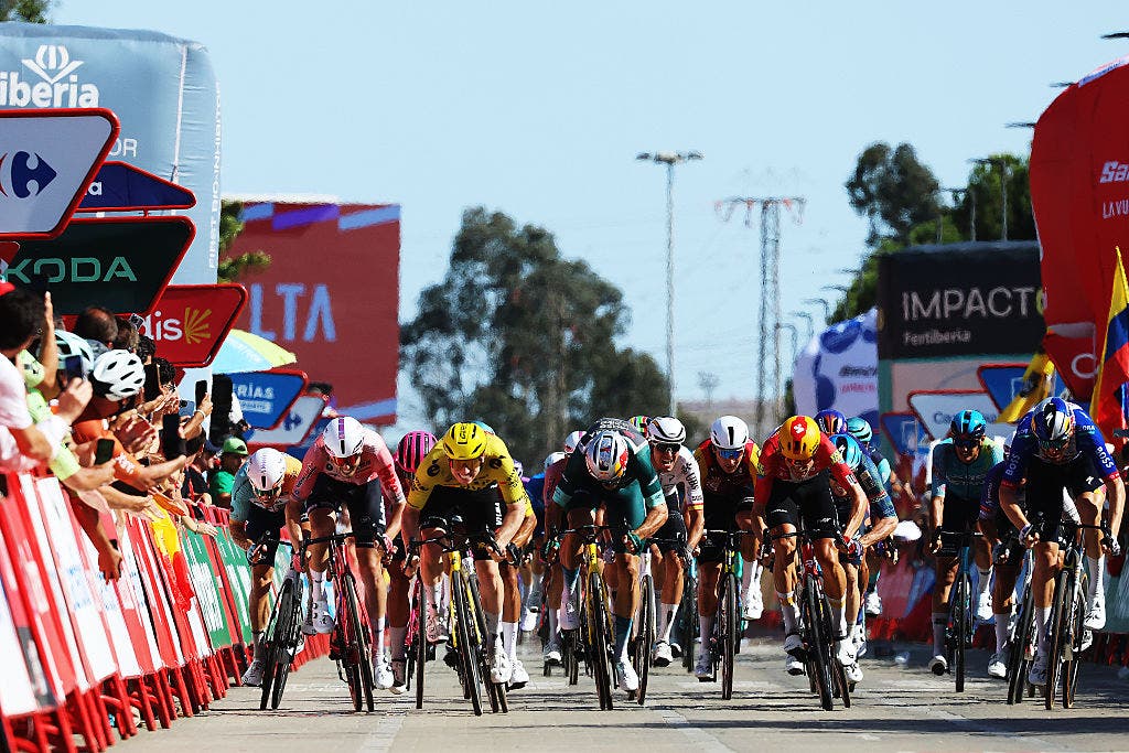Van Aert (in green, center) executed a perfect leadout for Brennan on stage 16 of the Vuelta.