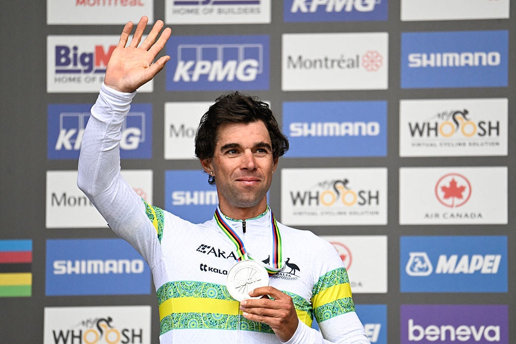 Australian Michael Matthews celebrates on the podium at the 2026 road worlds.