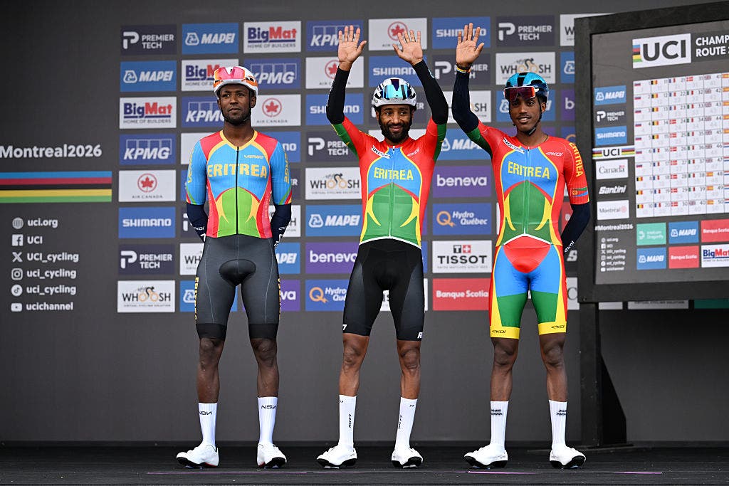 BROSSARD, QUEBEC - SEPTEMBER 27: Amanuel Ghebreigzabhier, Biniam Girmay, Merhawi Kudus, Henok Mulueberhan and Team Eritrea prior to the 99th UCI Road World Championships Montreal 2026 - Men Elite Road Race a 273.4km one day race from Brossard to Montreal on September 27, 2026 in Brossard, Quebec. (Photo by Tim de Waele/Getty Images)