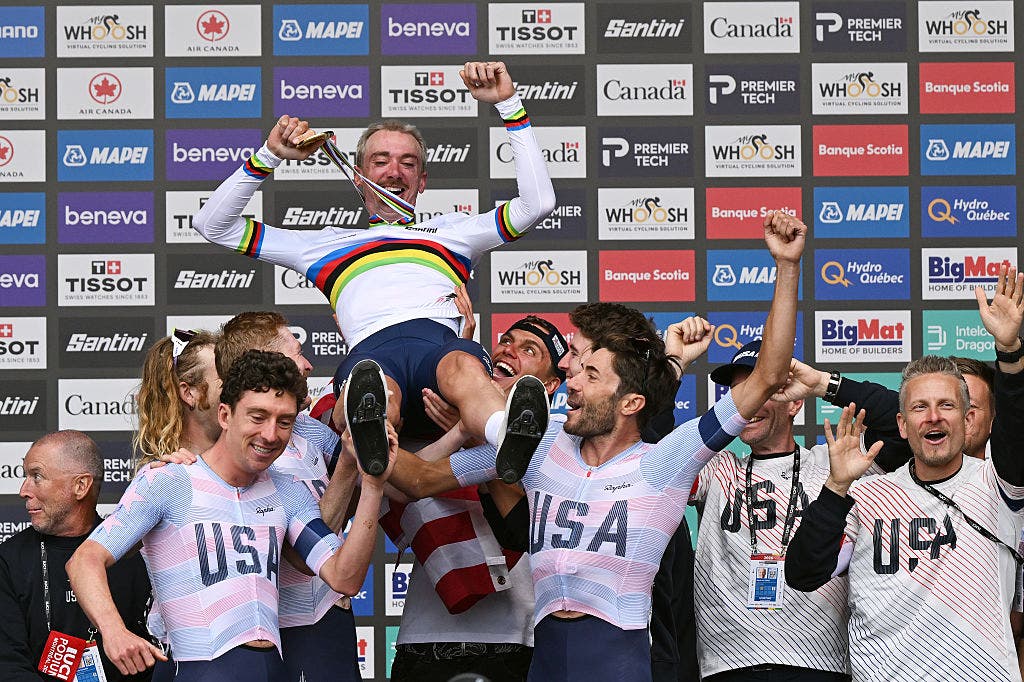 Team USA celebrates victory with McNulty at the 2026 UCI Road World Championships.