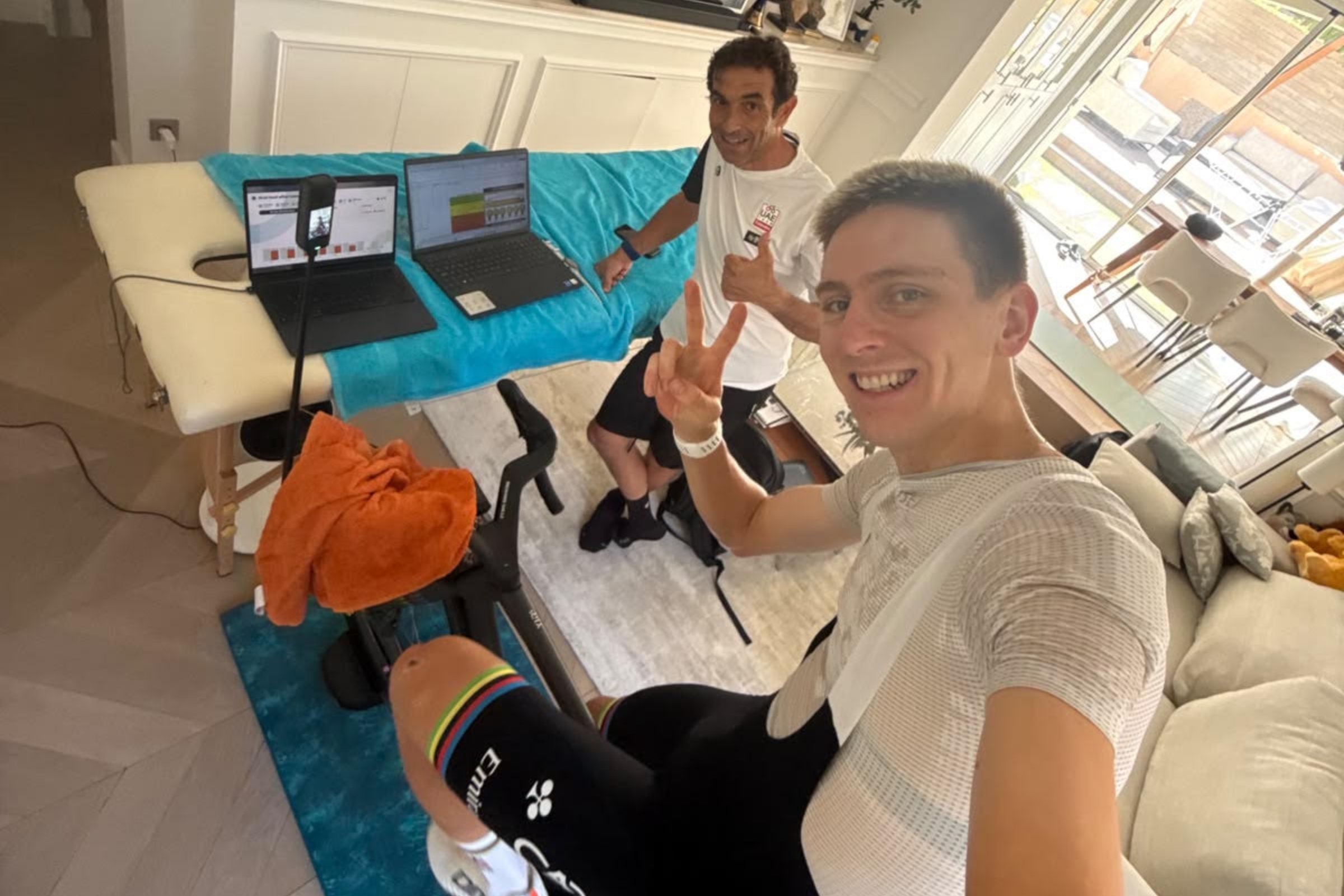 Tadej Pogacar on an indoor cycling trainer two weeks after his season-ending crash