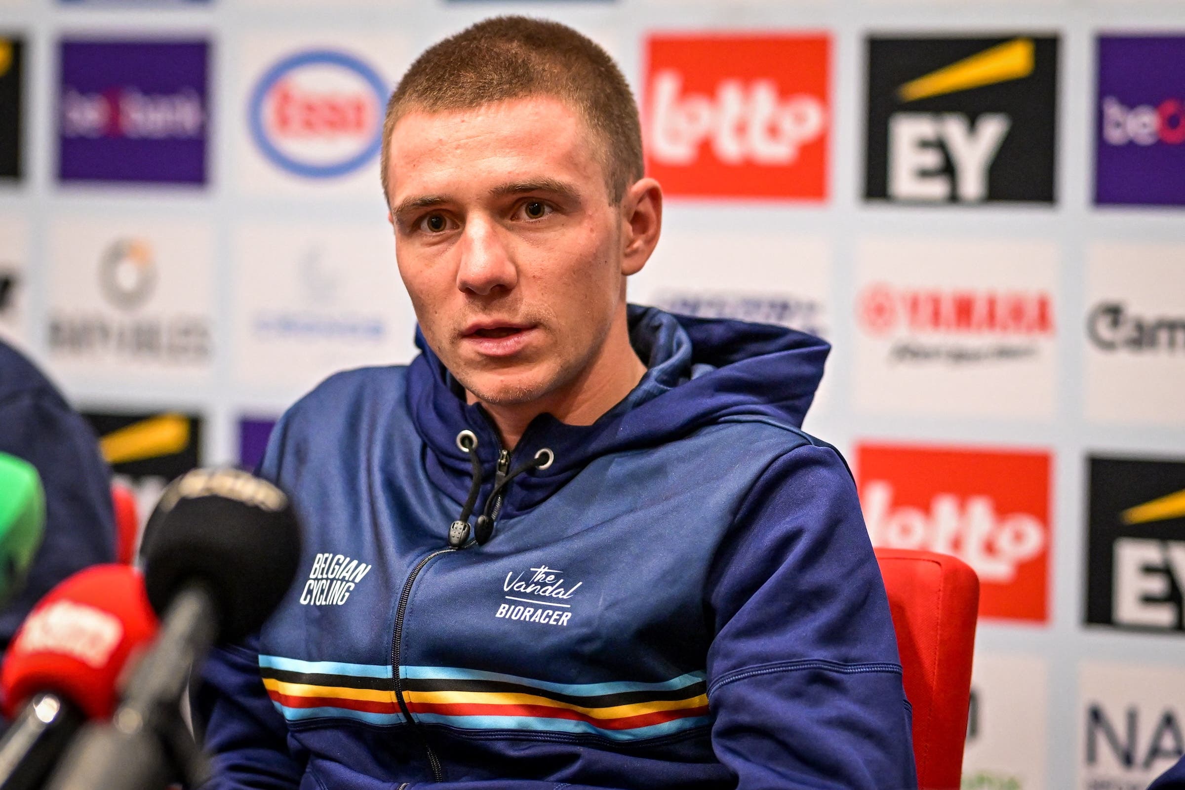Belgian Remco Evenepoel at the pre-race press conference for the European Championships (Photo: David Pintens / Belga via AFP)