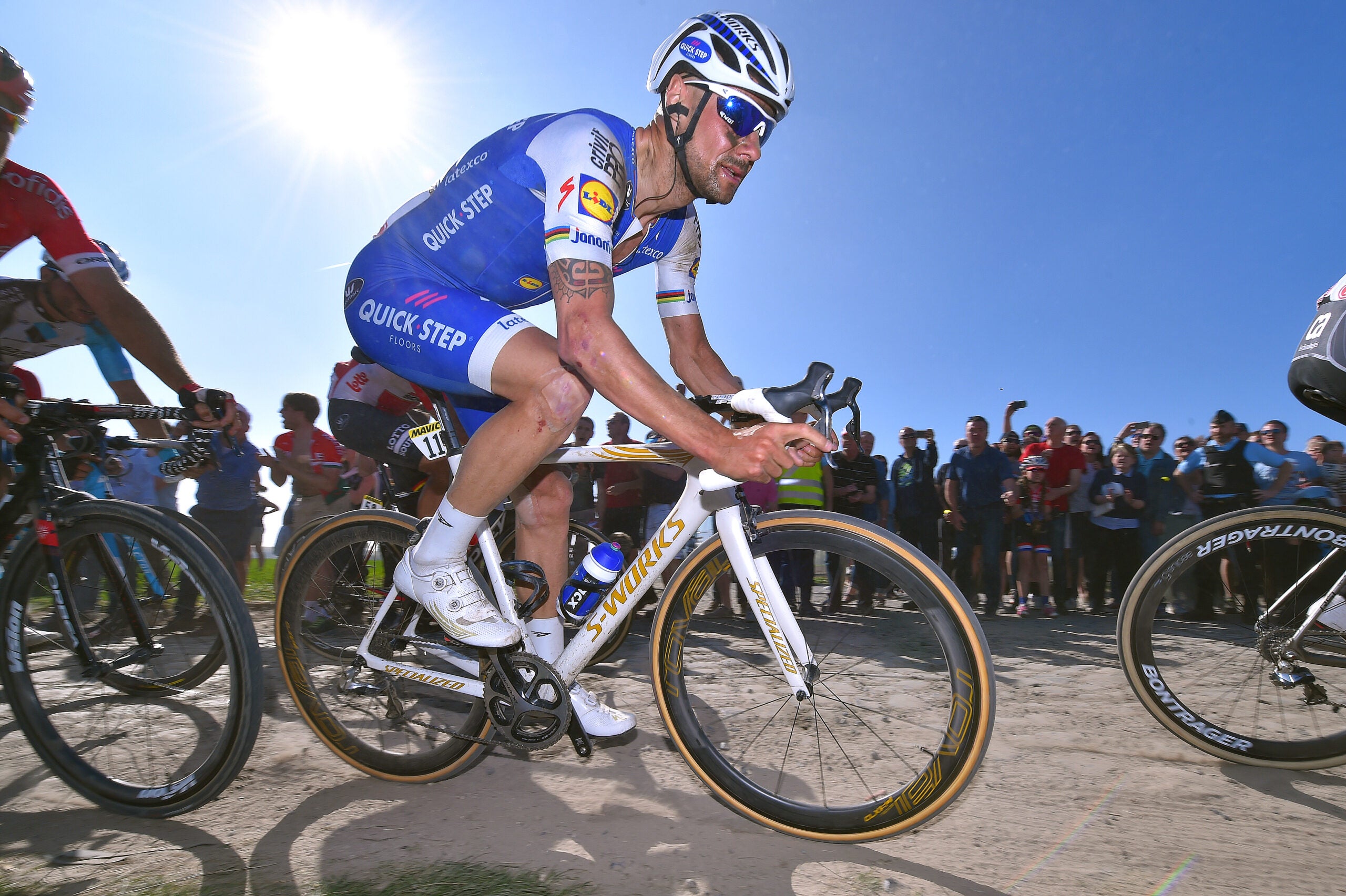 Tom Boonen of team Quick-Step riding a Specialized bike at Paris-Roubaix.
